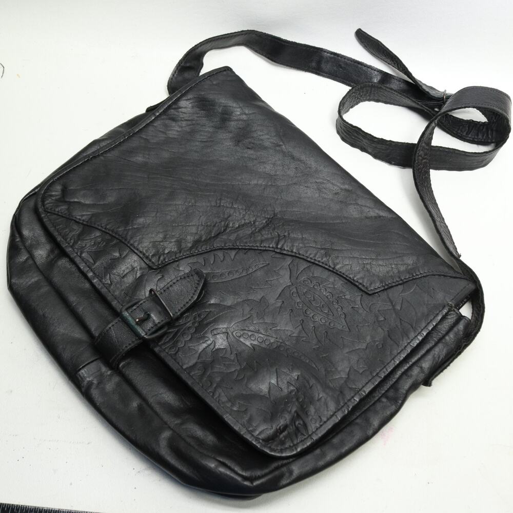 Vtg 80s Barganza Crossbody Handbag Women M Black Floral Tooled Leather Purse Bag